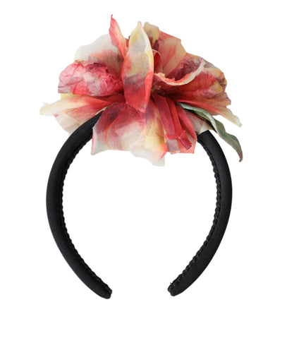Dolce &amp; Gabbana Rose Pink Zijden Bloemen Zwarte Tiara Dames Haarband Diadeem