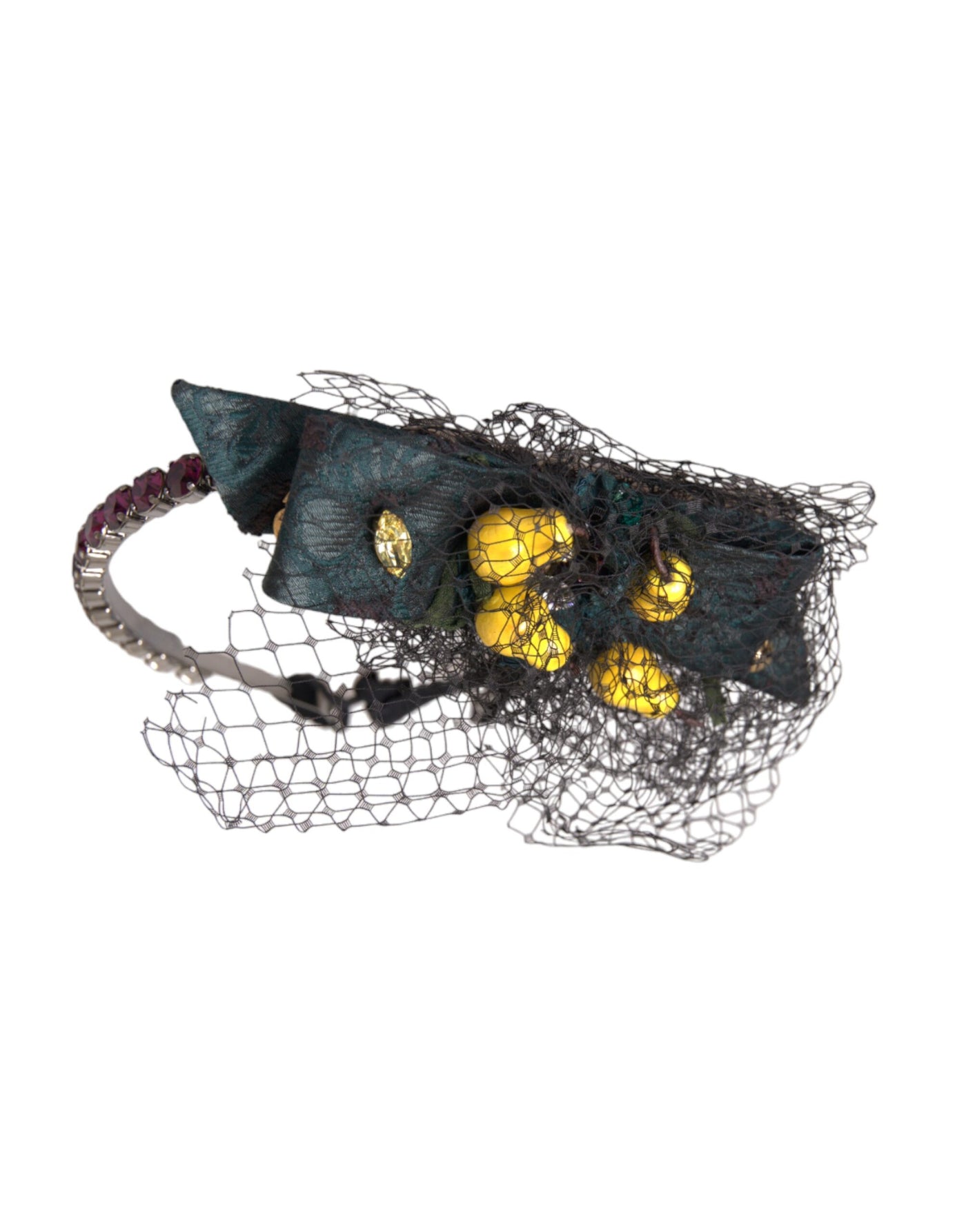 Dolce &amp; Gabbana Zwarte Citroenen Sicilië Paarse Kristallen Net Hoofdband Diadeem