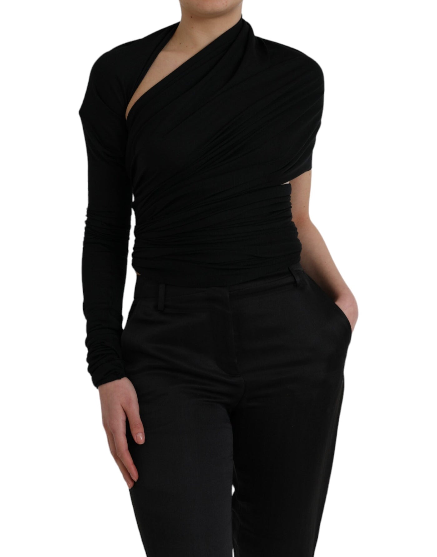 Dolce &amp; Gabbana Zwarte Wollen Asymmetrische Top met Lange Mouwen en Uitsnijdingen