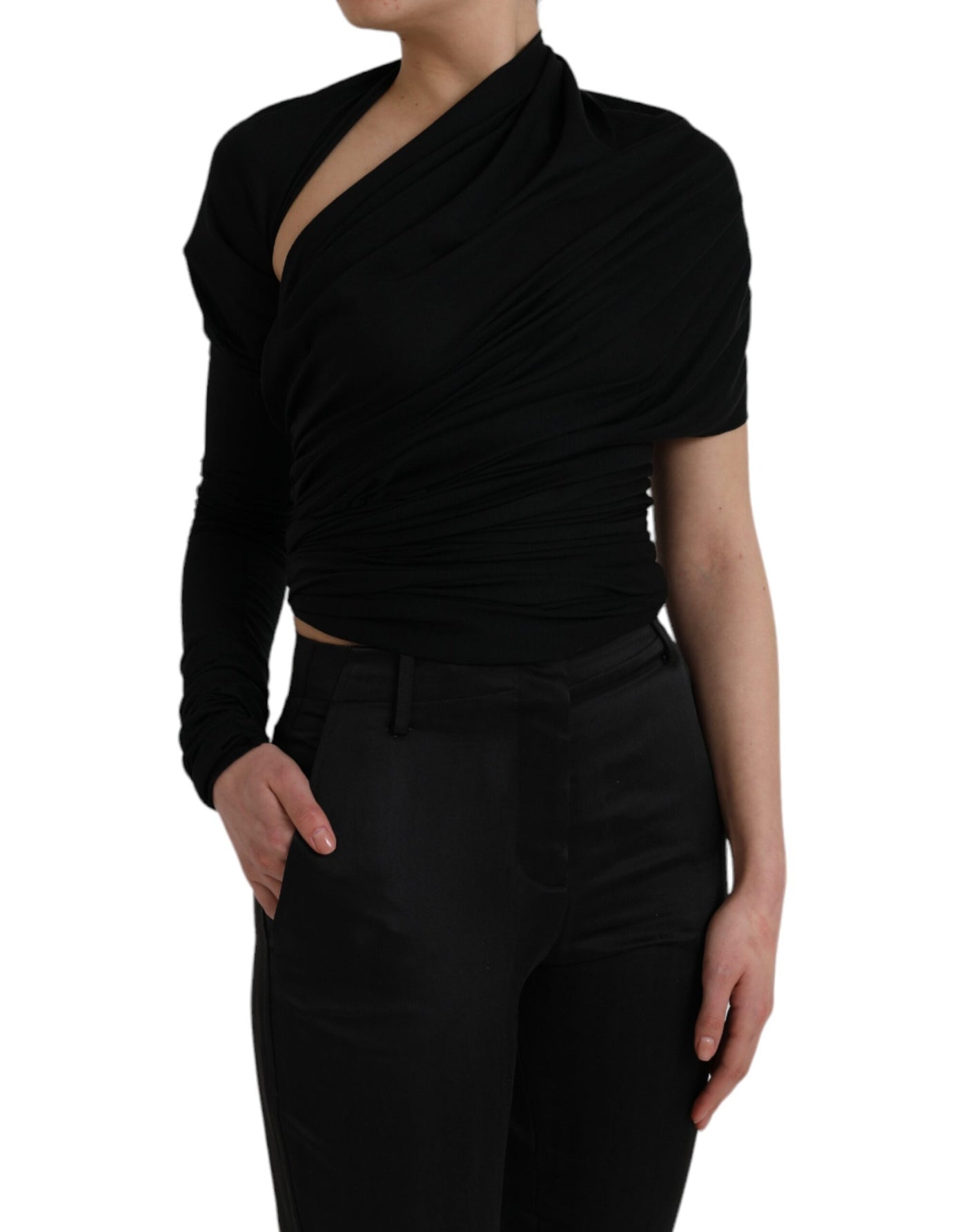 Dolce &amp; Gabbana Zwarte Wollen Asymmetrische Top met Lange Mouwen en Uitsnijdingen