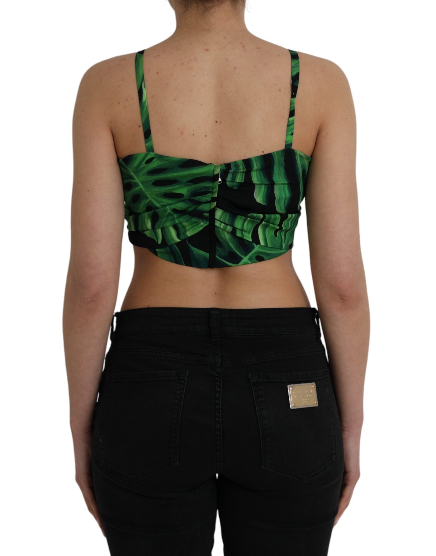 Dolce &amp; Gabbana - Haut court dos nu en soie à motif feuilles noires et vertes