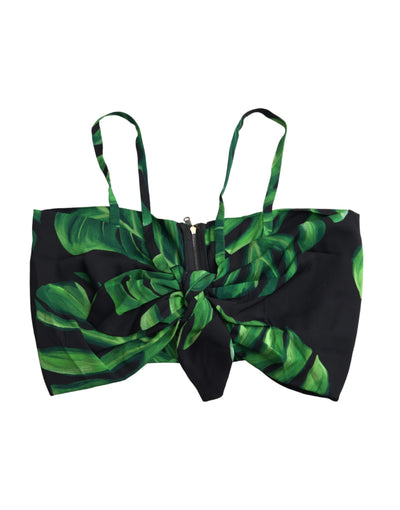 Dolce &amp; Gabbana - Haut court dos nu en soie à motif feuilles noires et vertes