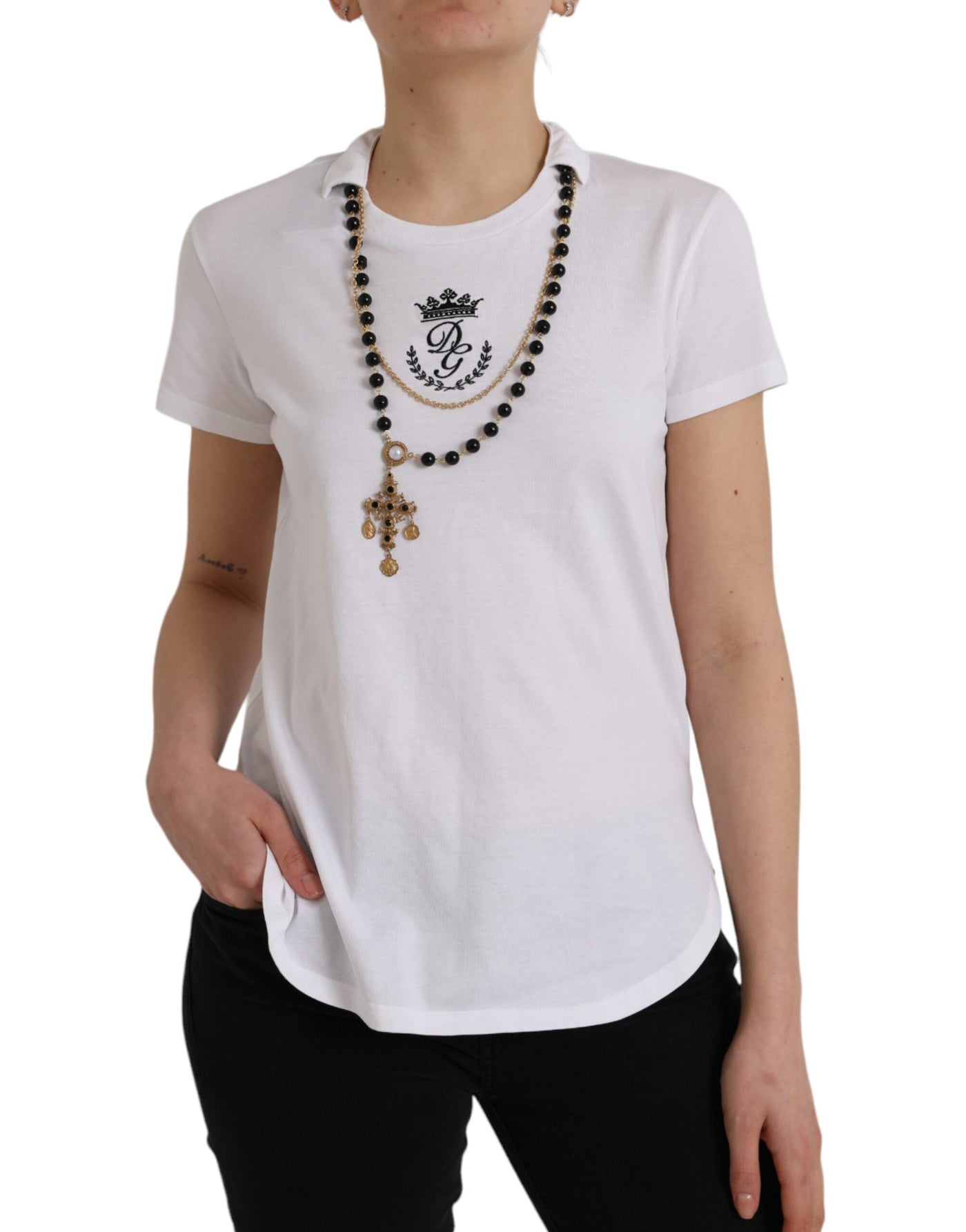 Dolce &amp; Gabbana Wit Katoenen T-shirt met Korte Mouwen en Ketting