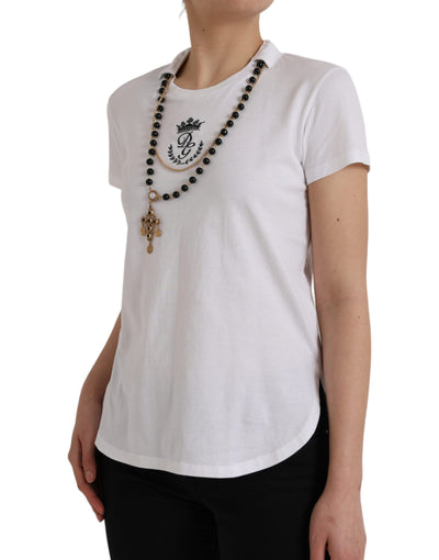 Dolce &amp; Gabbana Wit Katoenen T-shirt met Korte Mouwen en Ketting