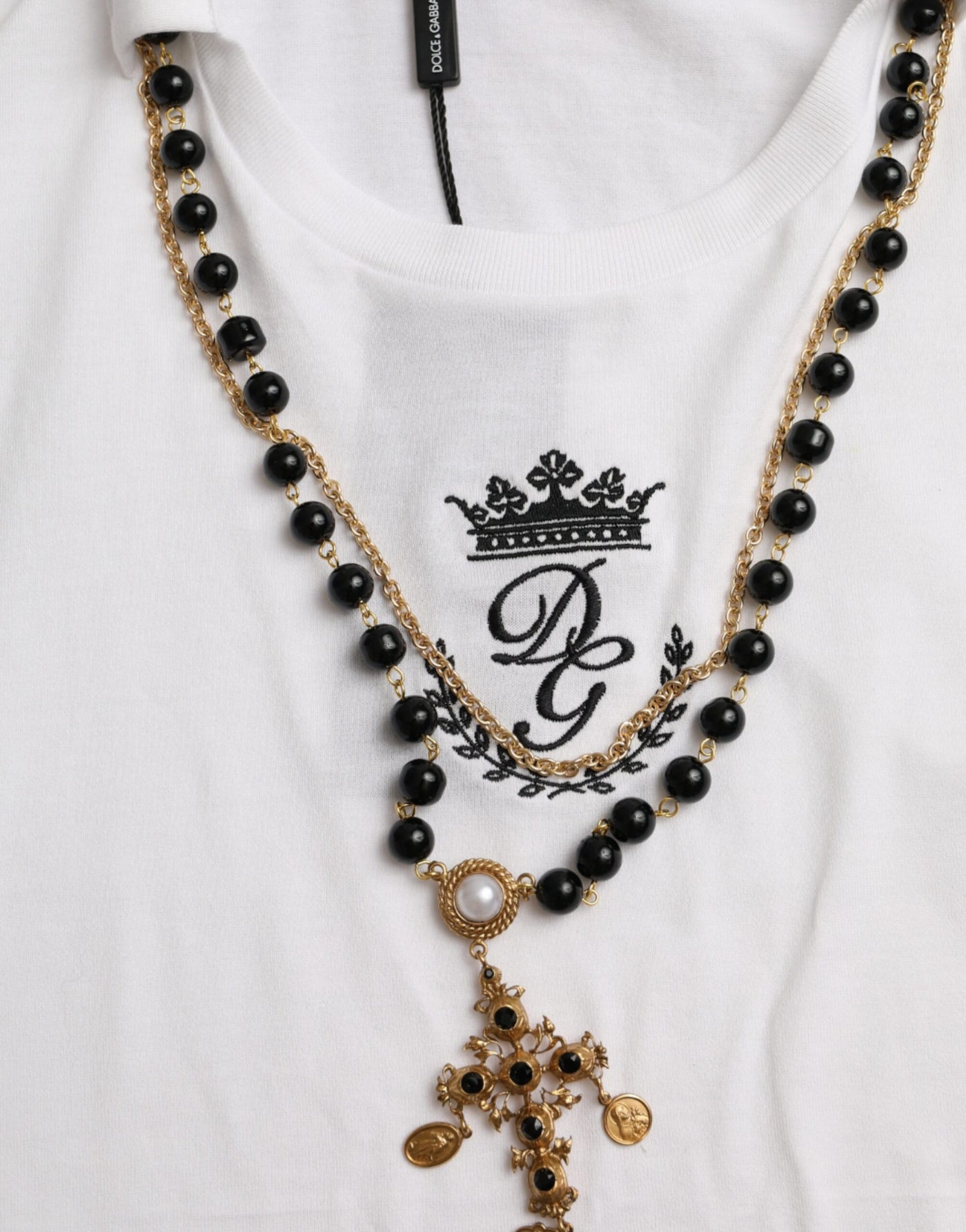 Dolce &amp; Gabbana Wit Katoenen T-shirt met Korte Mouwen en Ketting
