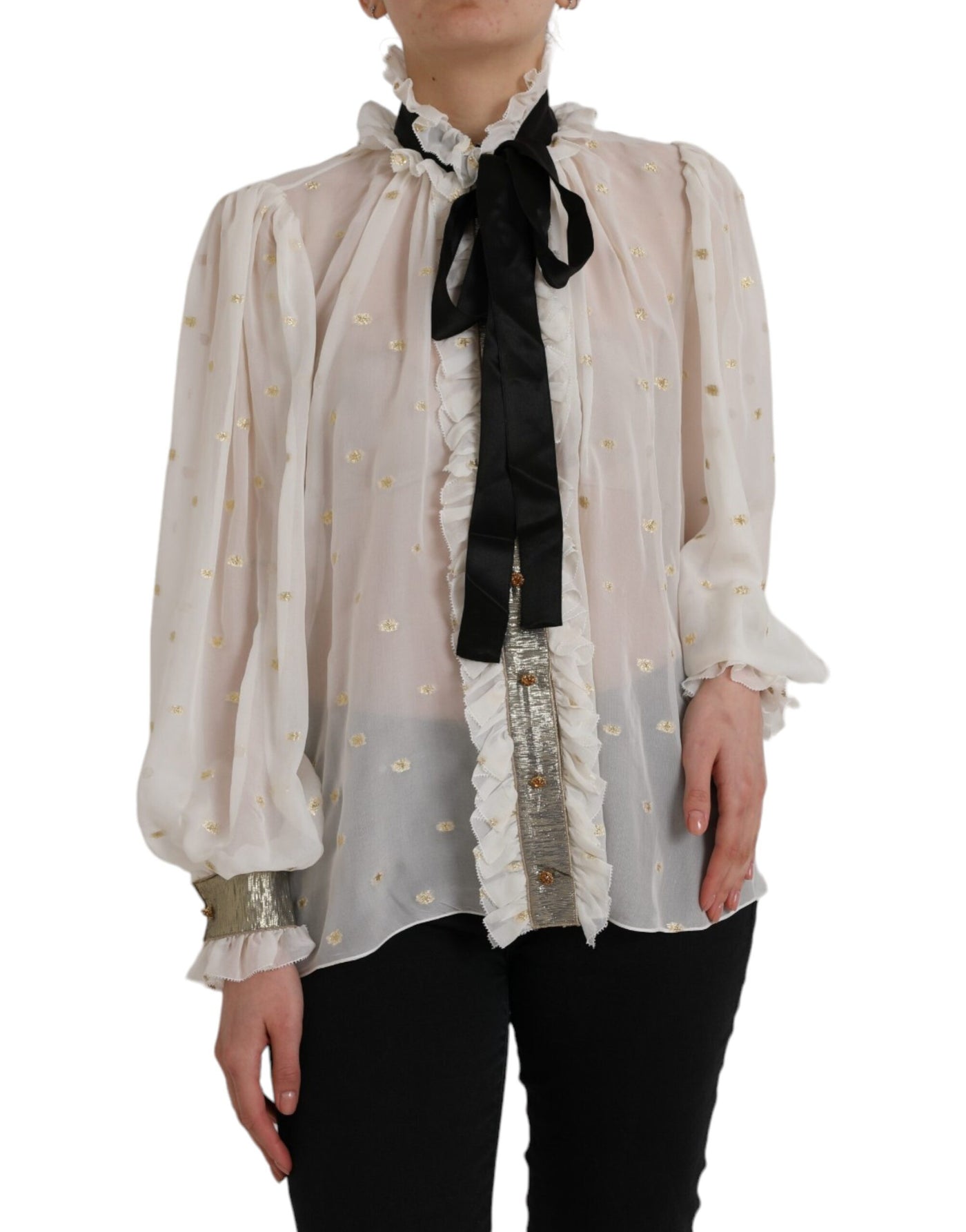 Dolce &amp; Gabbana Off White Zijden Mix Ascot Kraag Blouse Top