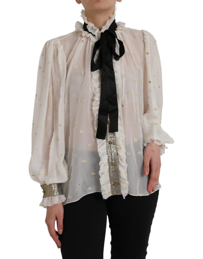 Dolce &amp; Gabbana Off White Zijden Mix Ascot Kraag Blouse Top