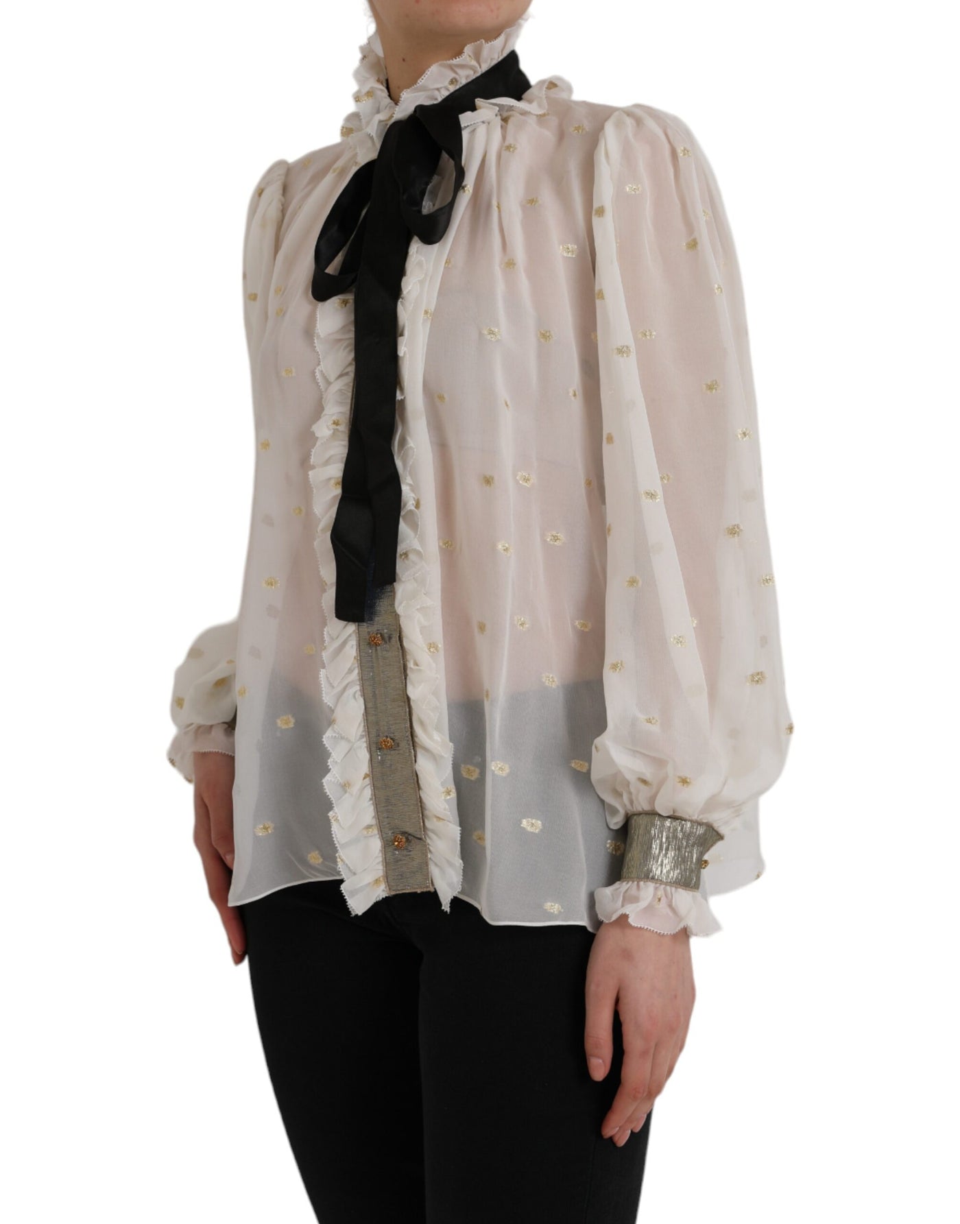 Dolce &amp; Gabbana Off White Zijden Mix Ascot Kraag Blouse Top