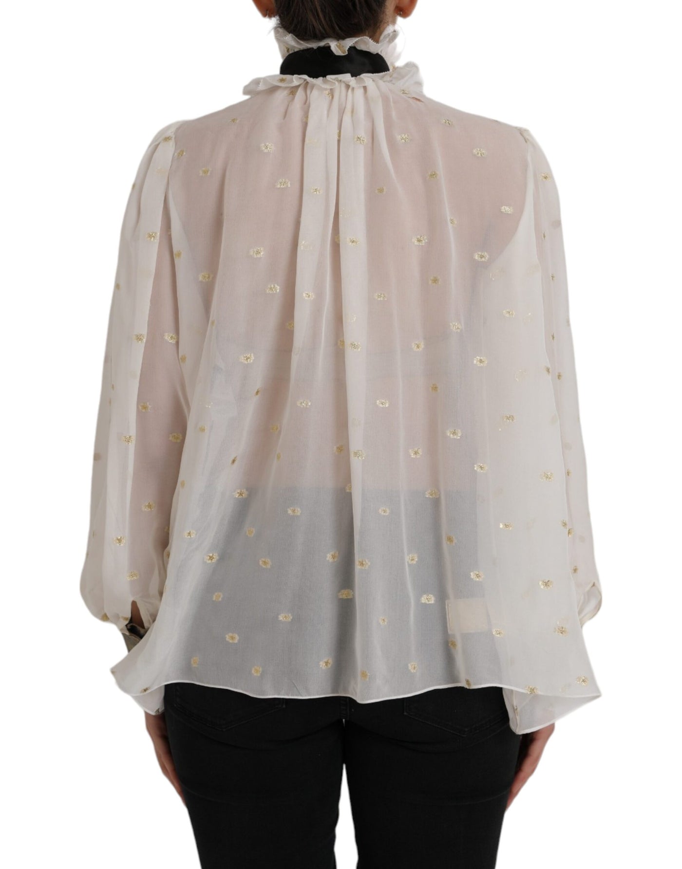 Dolce &amp; Gabbana Off White Zijden Mix Ascot Kraag Blouse Top
