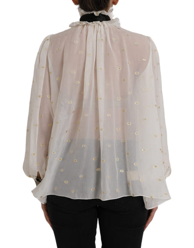Dolce &amp; Gabbana Off White Zijden Mix Ascot Kraag Blouse Top