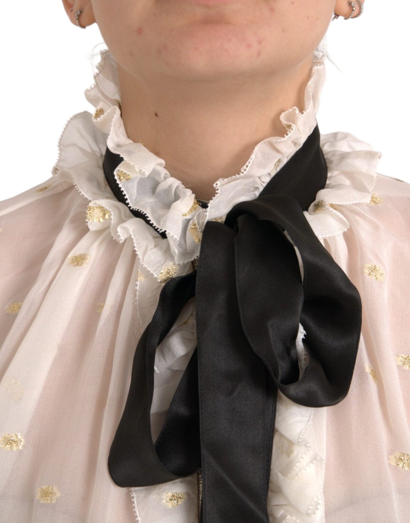 Dolce &amp; Gabbana Off White Zijden Mix Ascot Kraag Blouse Top