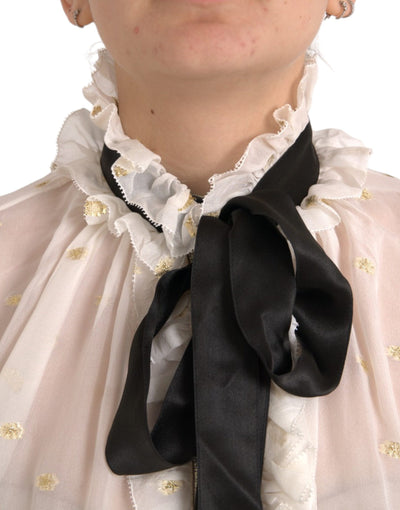 Dolce &amp; Gabbana Off White Zijden Mix Ascot Kraag Blouse Top
