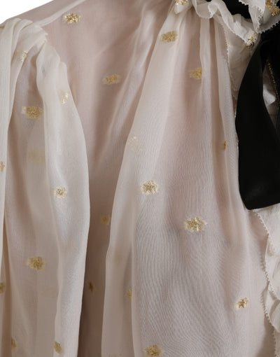 Dolce &amp; Gabbana Off White Zijden Mix Ascot Kraag Blouse Top