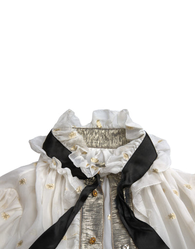 Dolce &amp; Gabbana Off White Zijden Mix Ascot Kraag Blouse Top