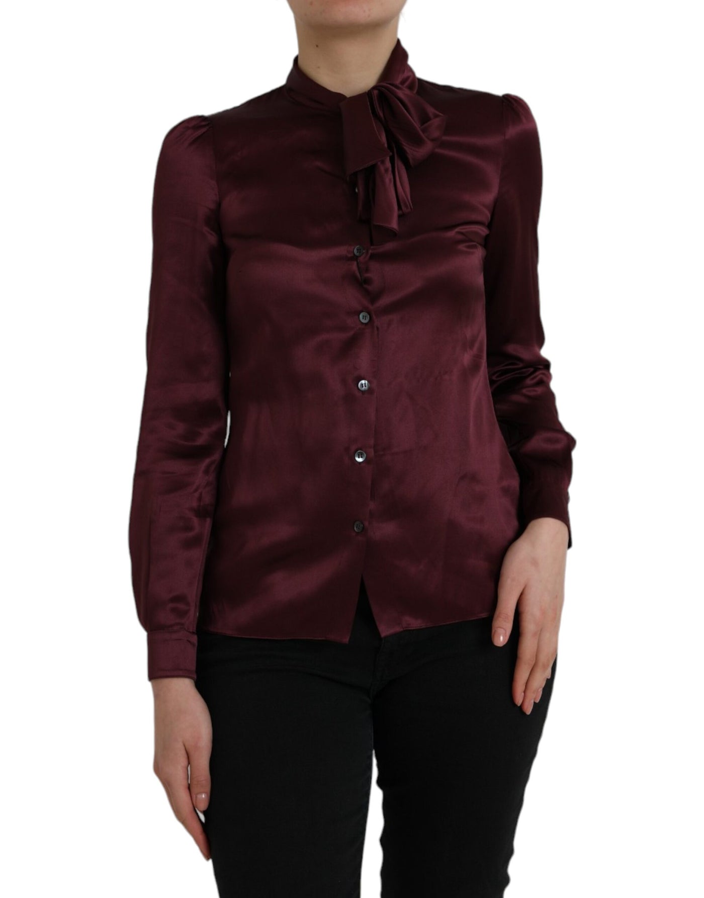 Dolce &amp; Gabbana kastanjebruine Ascot kraag blouse met lange mouwen