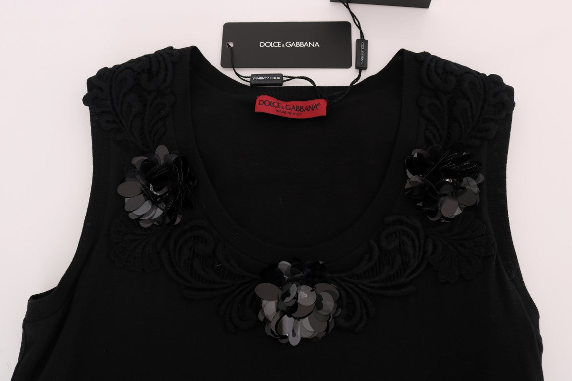 Débardeur en coton noir à fleurs et cristaux Dolce &amp; Gabbana