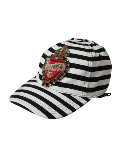 Casquette de baseball Dolce &amp; Gabbana à rayures noires et blanches avec appliqué cœur Amore