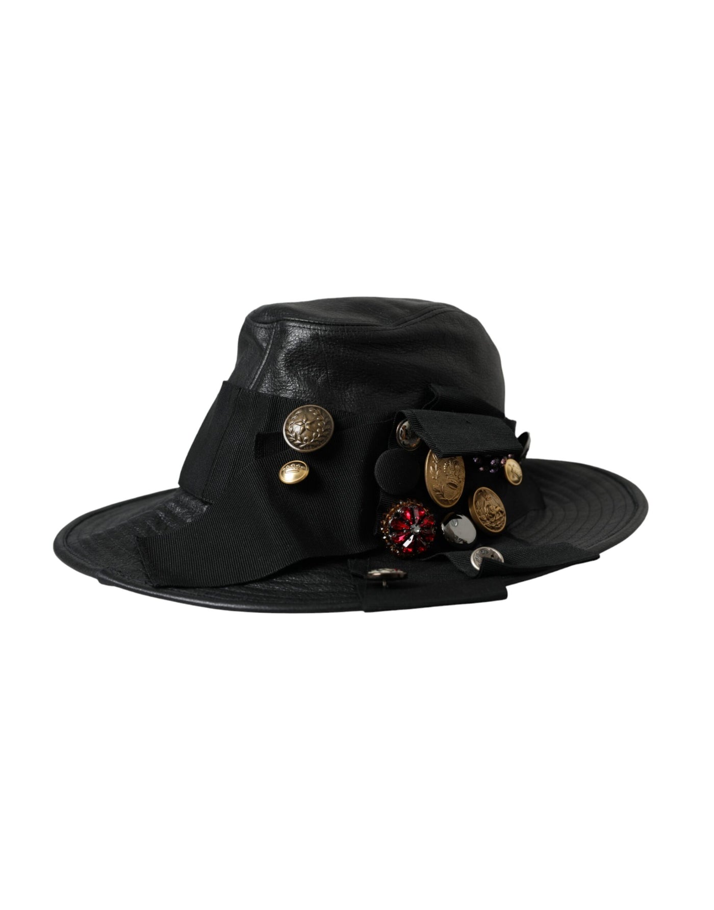 Chapeau à large bord en cuir noir Dolce &amp; Gabbana DG Coin Crystal