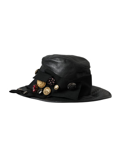 Chapeau à large bord en cuir noir Dolce &amp; Gabbana DG Coin Crystal