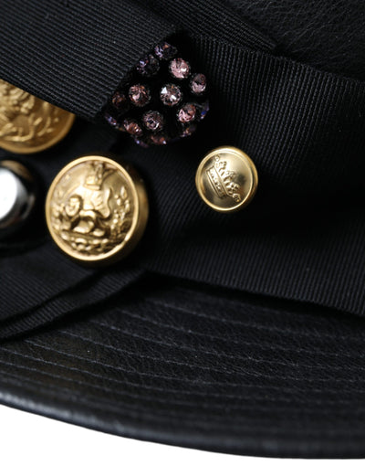 Chapeau à large bord en cuir noir Dolce &amp; Gabbana DG Coin Crystal
