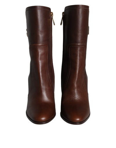 Bottes mi-mollet à talons en cuir marron Dolce &amp; Gabbana