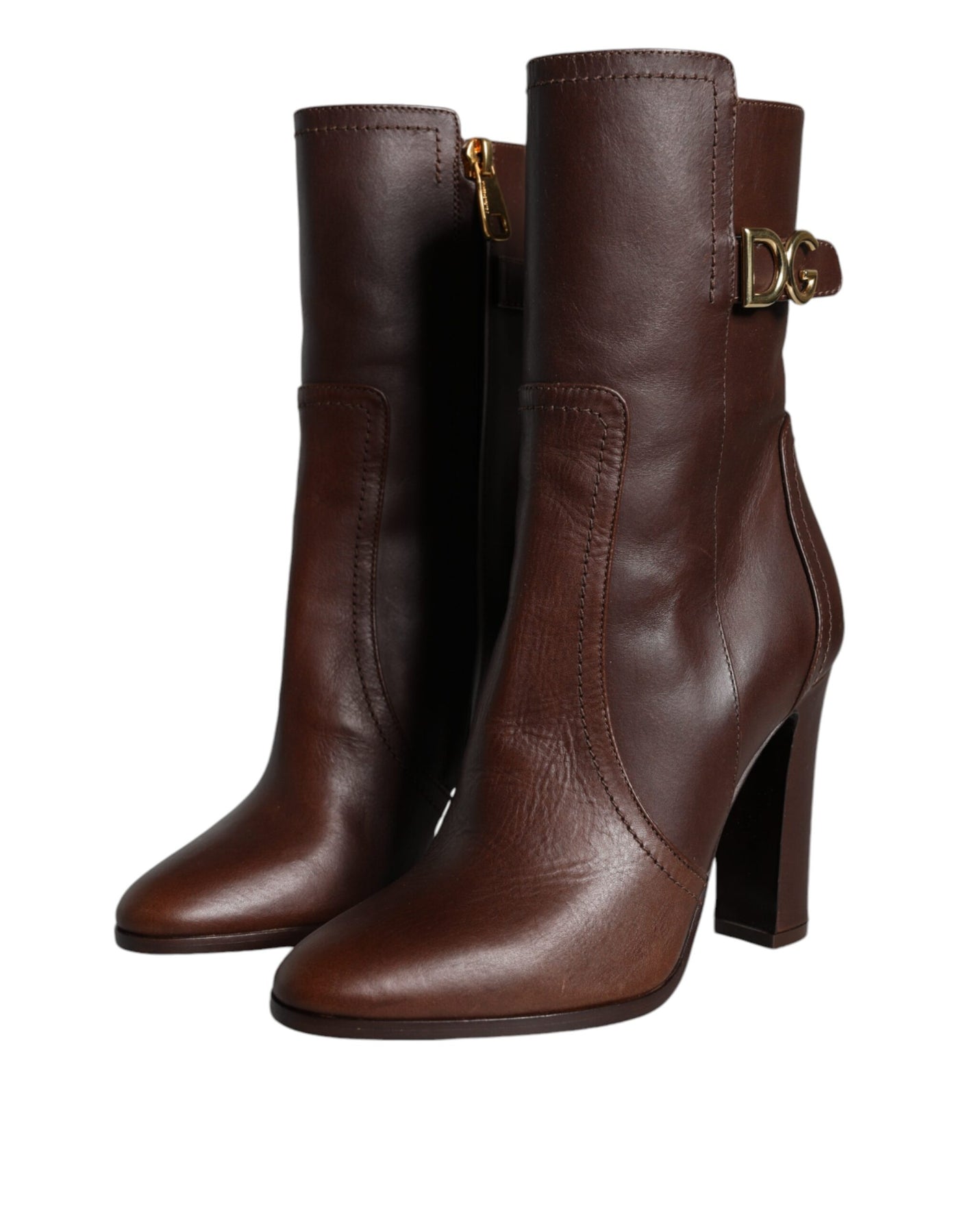 Bottes mi-mollet à talons en cuir marron Dolce &amp; Gabbana