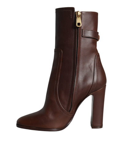 Bottes mi-mollet à talons en cuir marron Dolce &amp; Gabbana