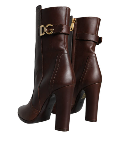 Bottes mi-mollet à talons en cuir marron Dolce &amp; Gabbana