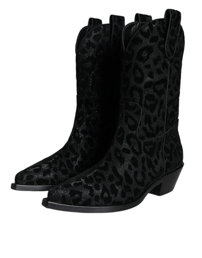 Bottes de cowboy léopard noires et grises Dolce &amp; Gabbana