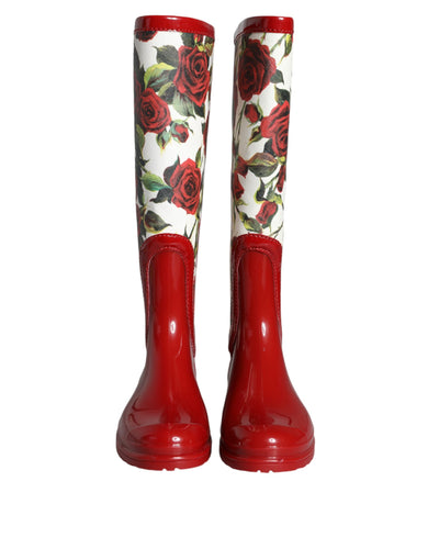 Bottes plates hautes en caoutchouc à fleurs rouges Dolce &amp; Gabbana