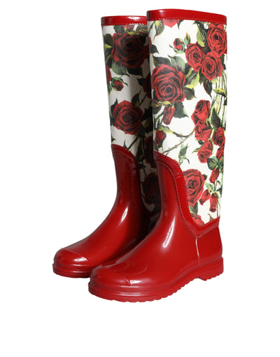 Bottes plates hautes en caoutchouc à fleurs rouges Dolce &amp; Gabbana