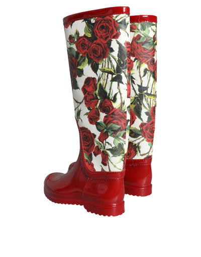 Bottes plates hautes en caoutchouc à fleurs rouges Dolce &amp; Gabbana