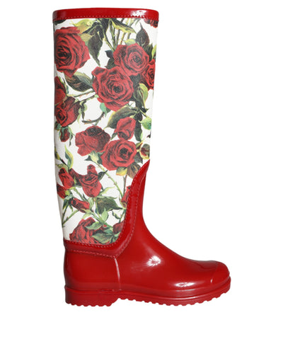 Bottes plates hautes en caoutchouc à fleurs rouges Dolce &amp; Gabbana