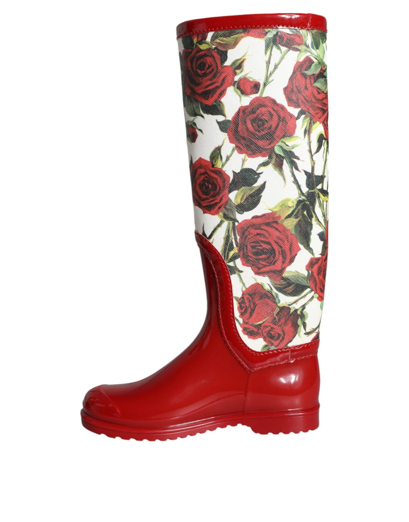 Bottes plates hautes en caoutchouc à fleurs rouges Dolce &amp; Gabbana