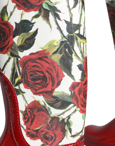 Bottes plates hautes en caoutchouc à fleurs rouges Dolce &amp; Gabbana