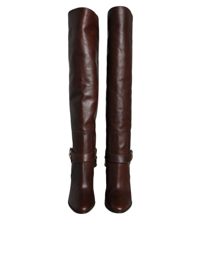 Bottes hautes en cuir marron Dolce &amp; Gabbana avec logo doré