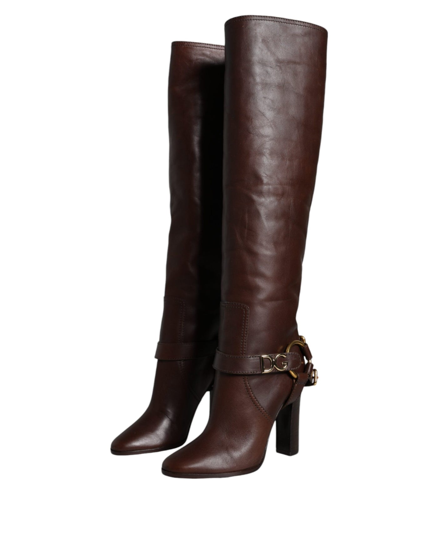 Bottes hautes en cuir marron Dolce &amp; Gabbana avec logo doré