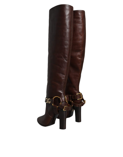 Bottes hautes en cuir marron Dolce &amp; Gabbana avec logo doré