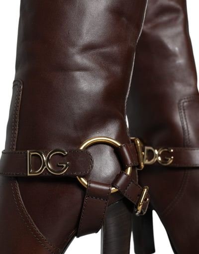 Bottes hautes en cuir marron Dolce &amp; Gabbana avec logo doré