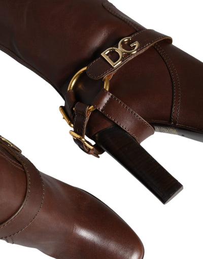 Bottes hautes en cuir marron Dolce &amp; Gabbana avec logo doré