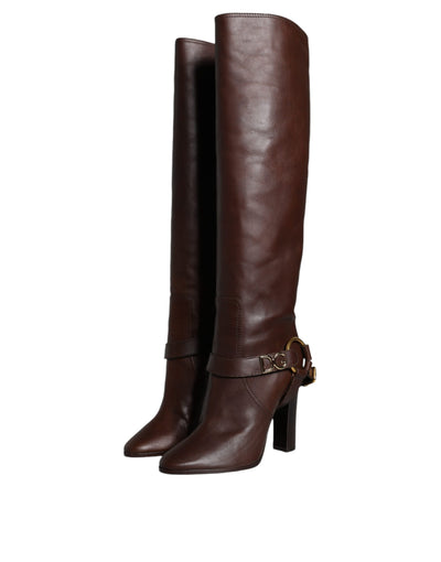 Bottes hautes en cuir marron Dolce &amp; Gabbana avec logo doré