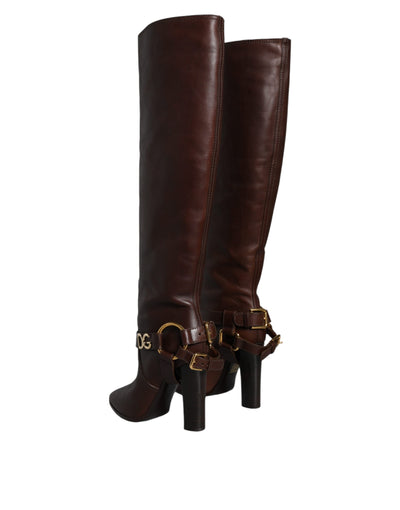 Bottes hautes en cuir marron Dolce &amp; Gabbana avec logo doré