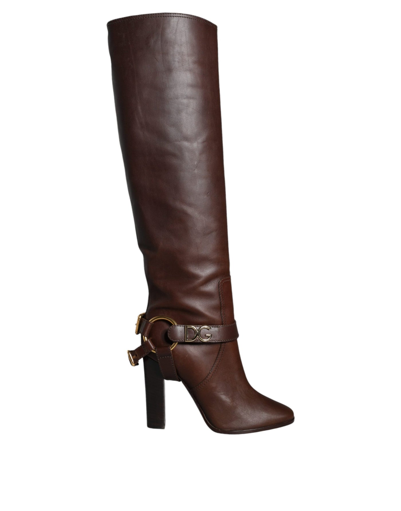 Bottes hautes en cuir marron Dolce &amp; Gabbana avec logo doré