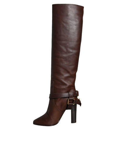 Bottes hautes en cuir marron Dolce &amp; Gabbana avec logo doré
