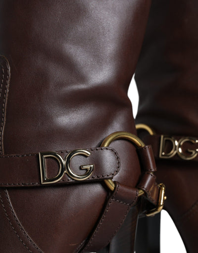 Bottes hautes en cuir marron Dolce &amp; Gabbana avec logo doré