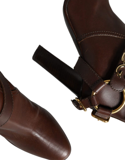 Bottes hautes en cuir marron Dolce &amp; Gabbana avec logo doré