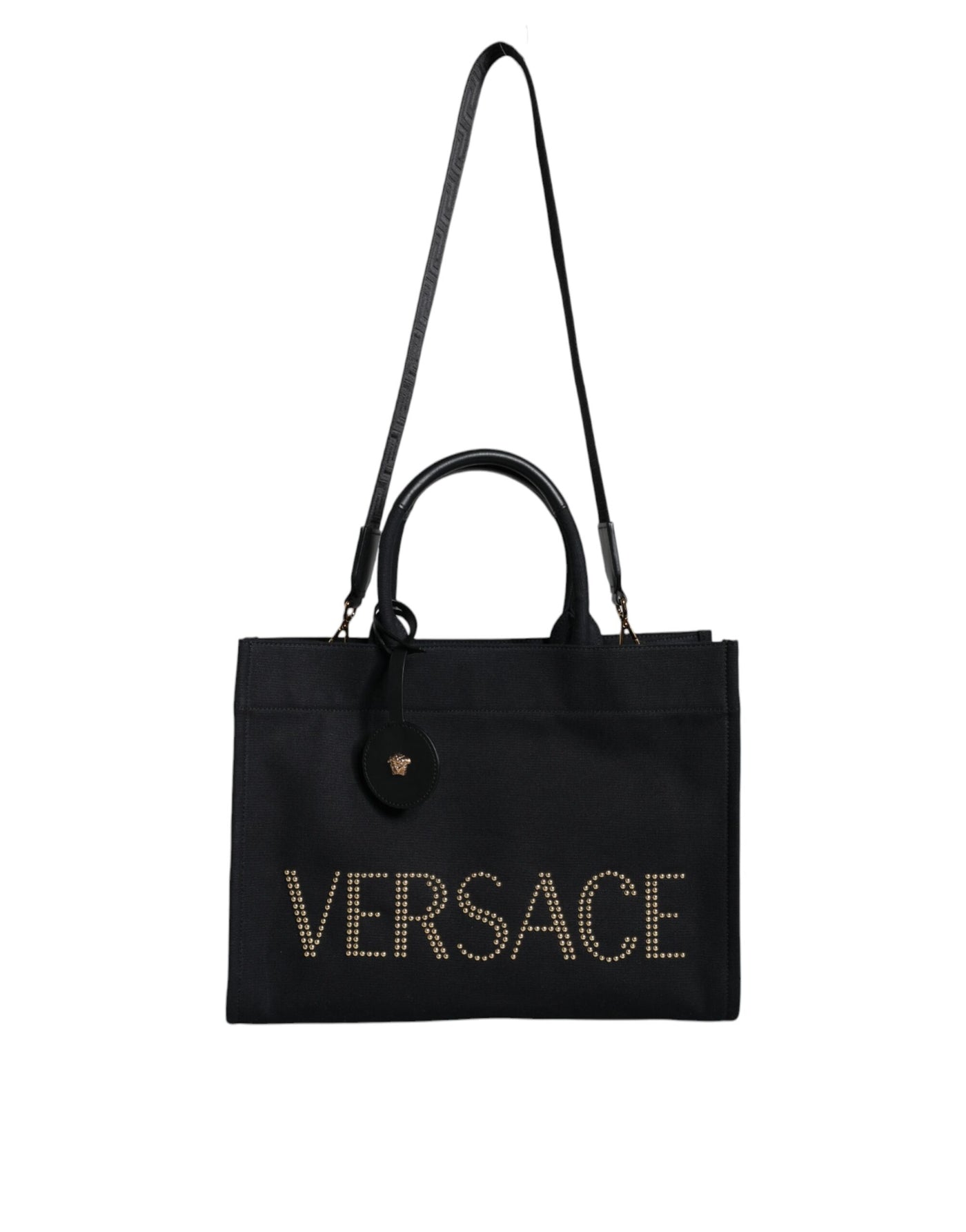Sac fourre-tout à bandoulière en toile et cuir noir avec logo Versace