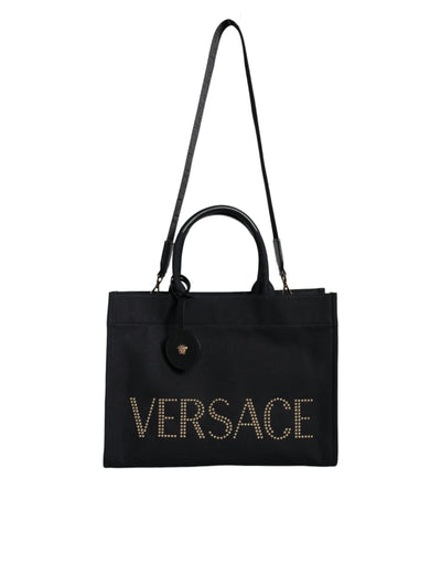 Sac fourre-tout à bandoulière en toile et cuir noir avec logo Versace