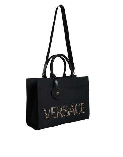 Sac fourre-tout à bandoulière en toile et cuir noir avec logo Versace