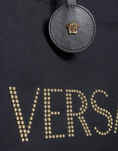 Sac fourre-tout à bandoulière en toile et cuir noir avec logo Versace